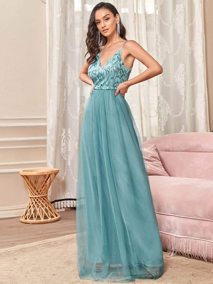 MsDresslyEP Formal Dress Soft Spaghetti Straps V-Neck Embroidery Evening Dress