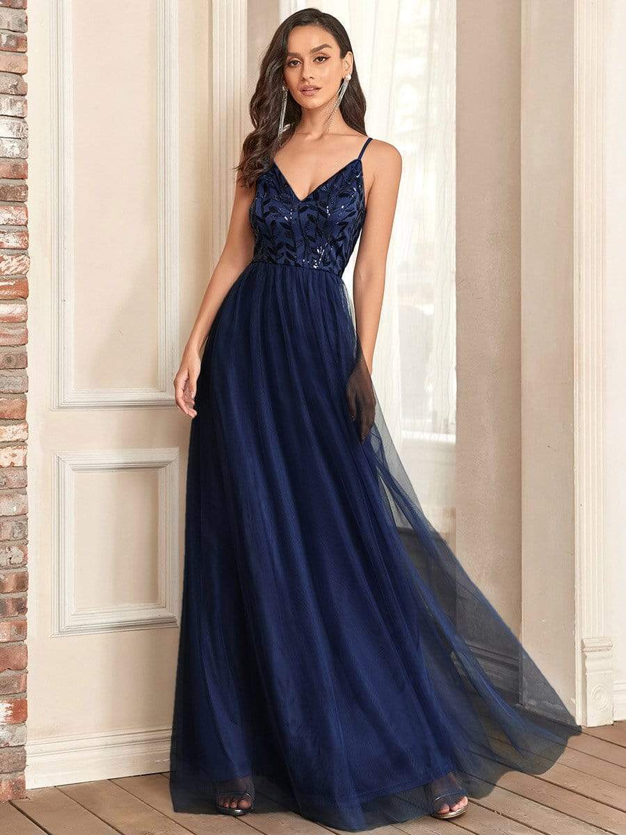 MsDresslyEP Formal Dress Soft Spaghetti Straps V-Neck Embroidery Evening Dress