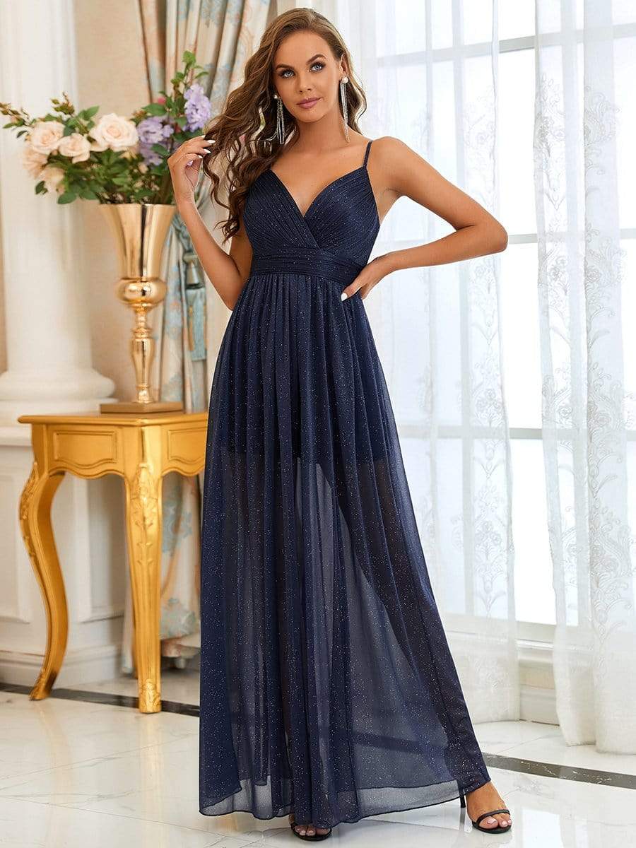 MsDresslyEP Formal Dress Spaghetti Strap 2 in 1 Sheer Evening Dress