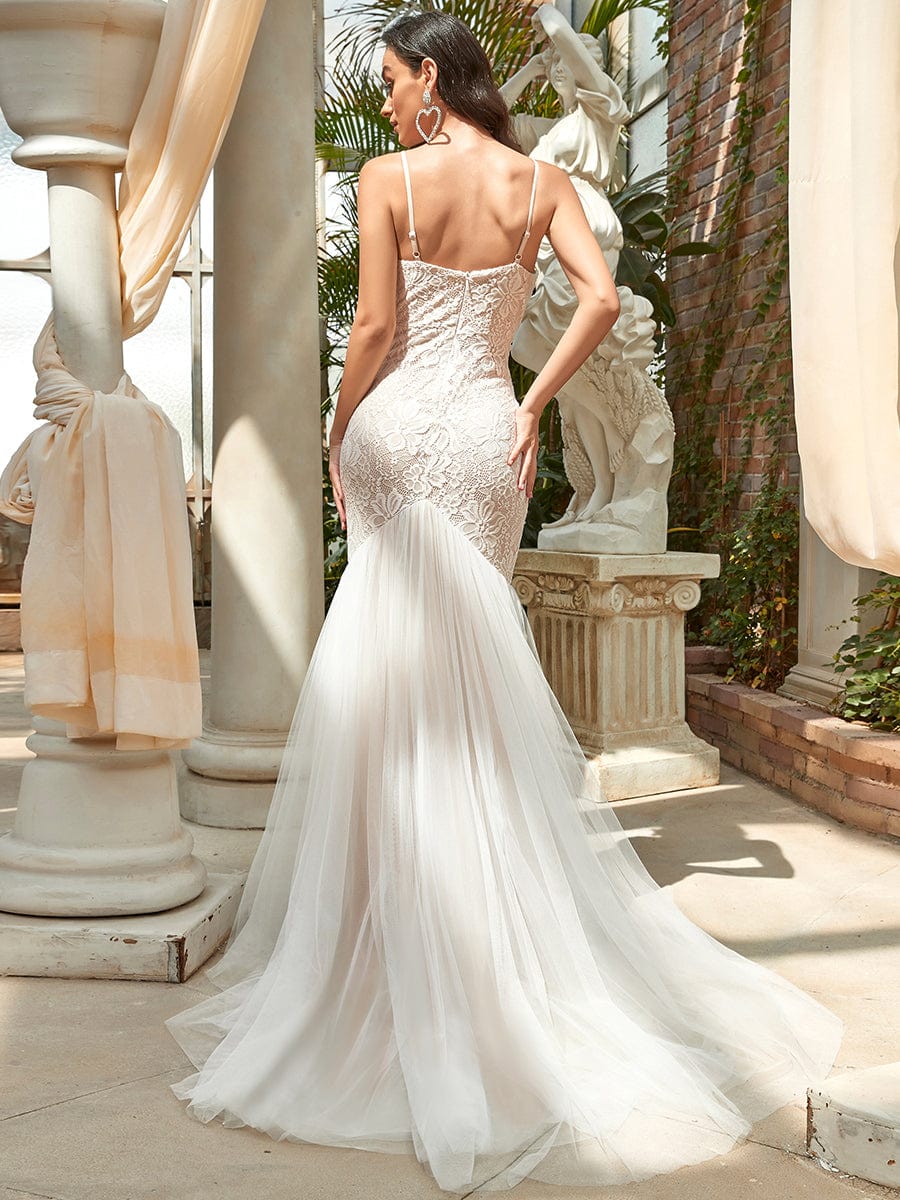 MsDresslyEP Formal Dress Spaghetti Strap Lace Backless Long Fishtail Wedding Dress