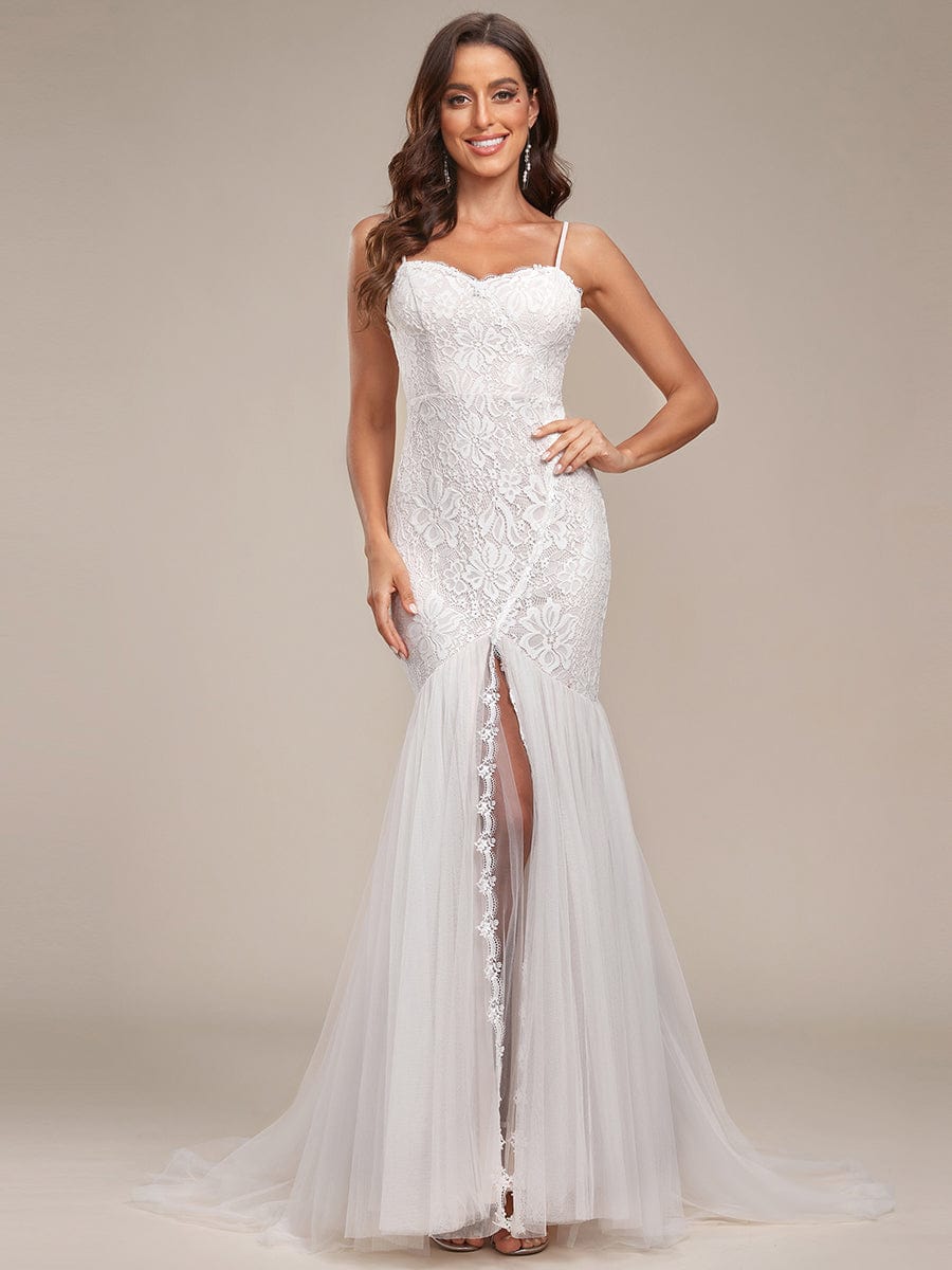 MsDresslyEP Formal Dress Spaghetti Strap Lace Backless Long Fishtail Wedding Dress