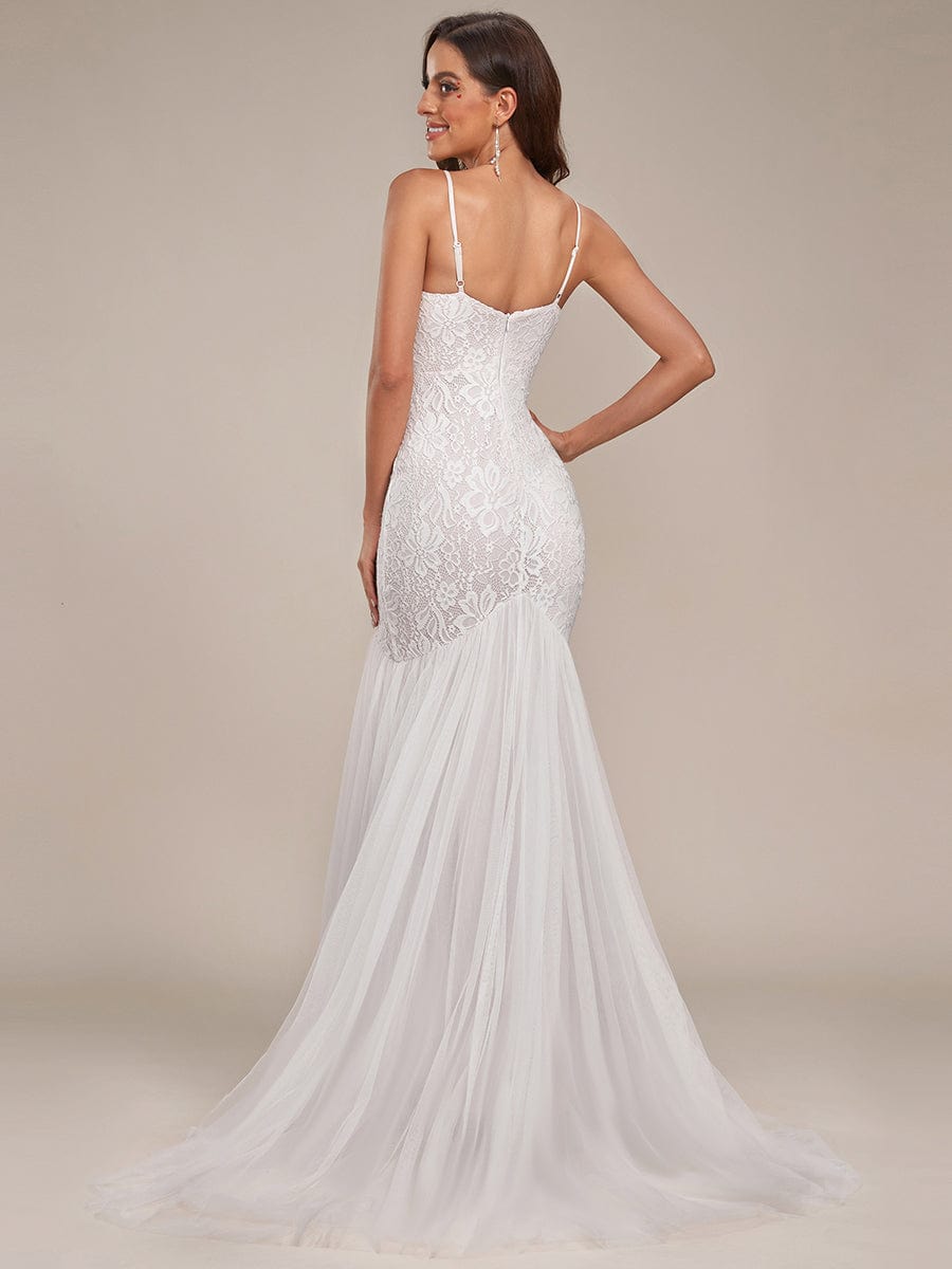 MsDresslyEP Formal Dress Spaghetti Strap Lace Backless Long Fishtail Wedding Dress