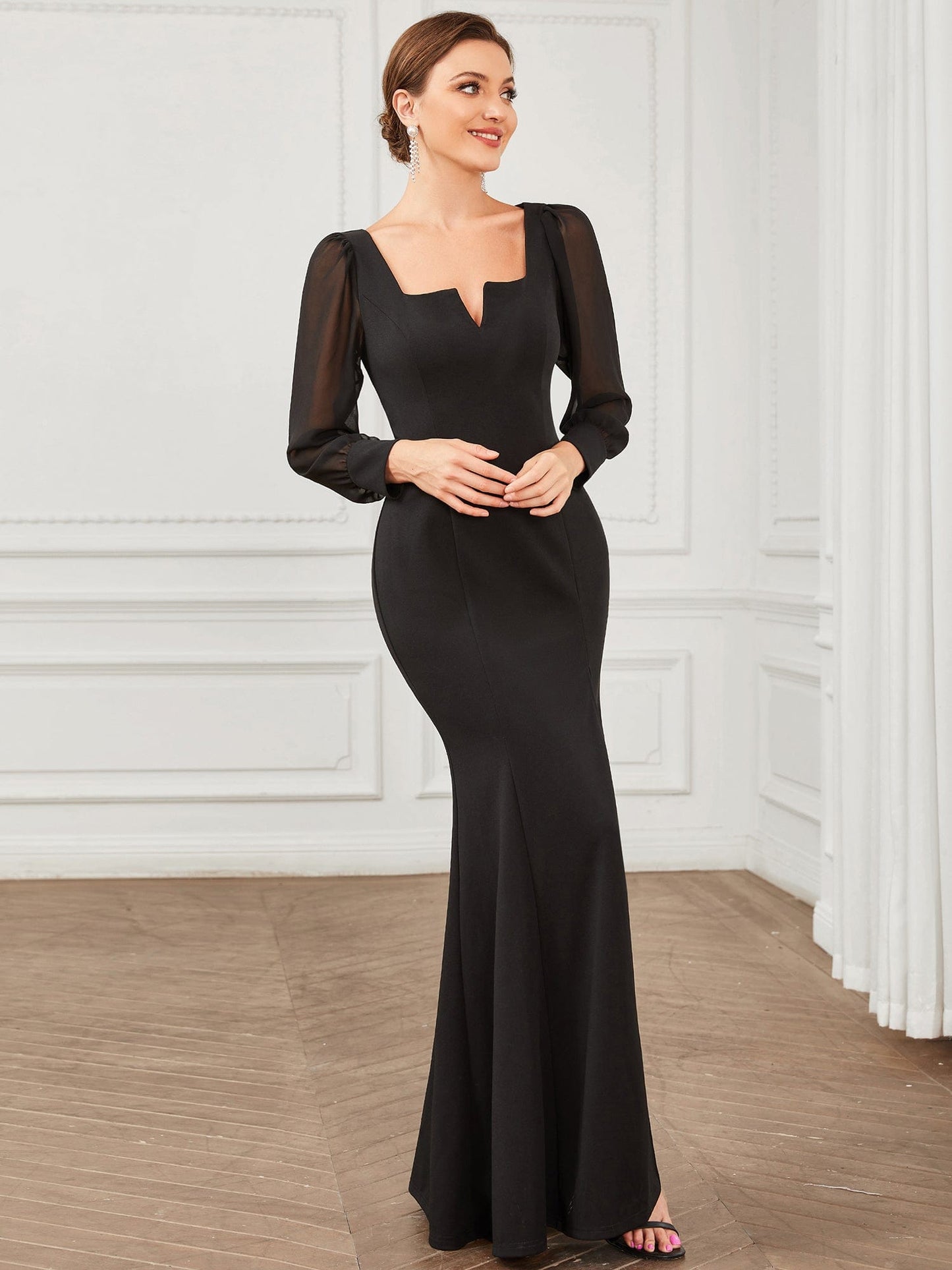 MsDresslyEP Formal Dress Square Neckline Long Sleeve Side Slit Evening Dress