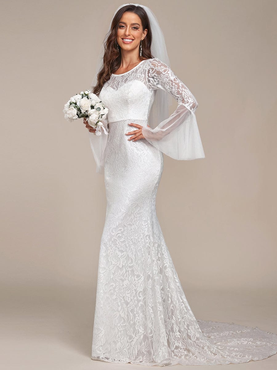 MsDresslyEP Formal Dress Sweetheart Long Bell Sleeve Mermaid Wedding Dress