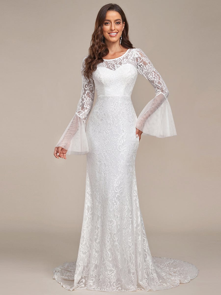 MsDresslyEP Formal Dress Sweetheart Long Bell Sleeve Mermaid Wedding Dress