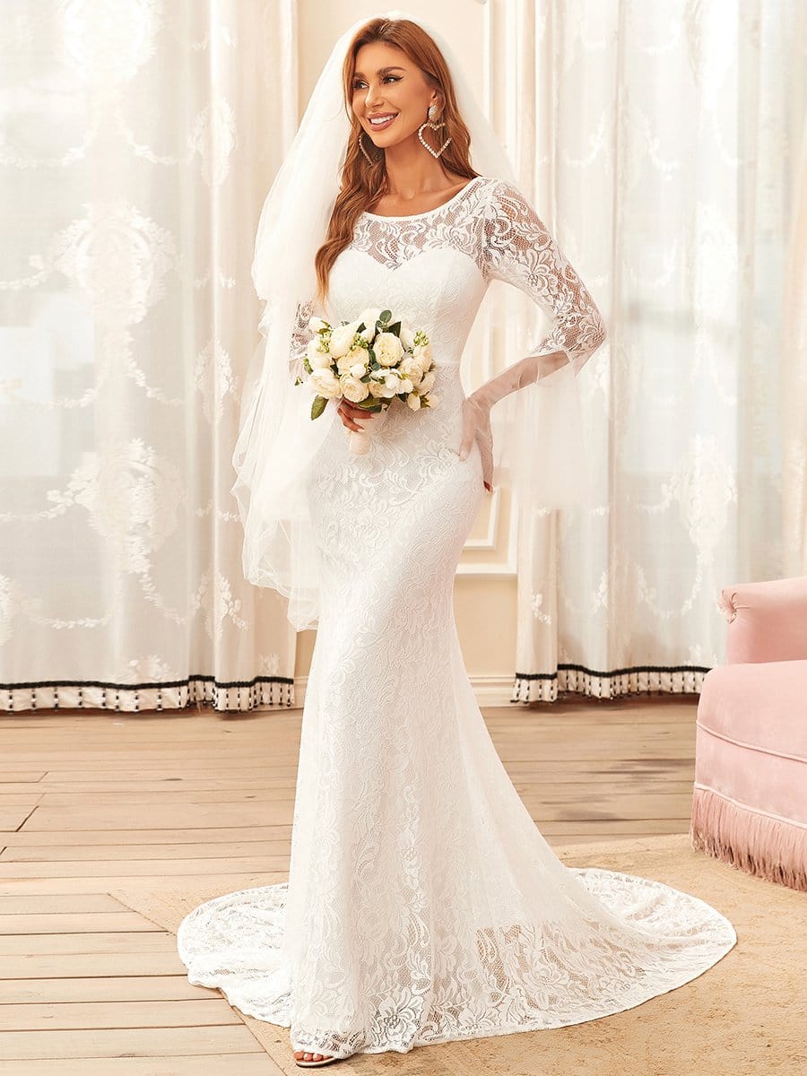 MsDresslyEP Formal Dress Sweetheart Long Bell Sleeve Mermaid Wedding Dress