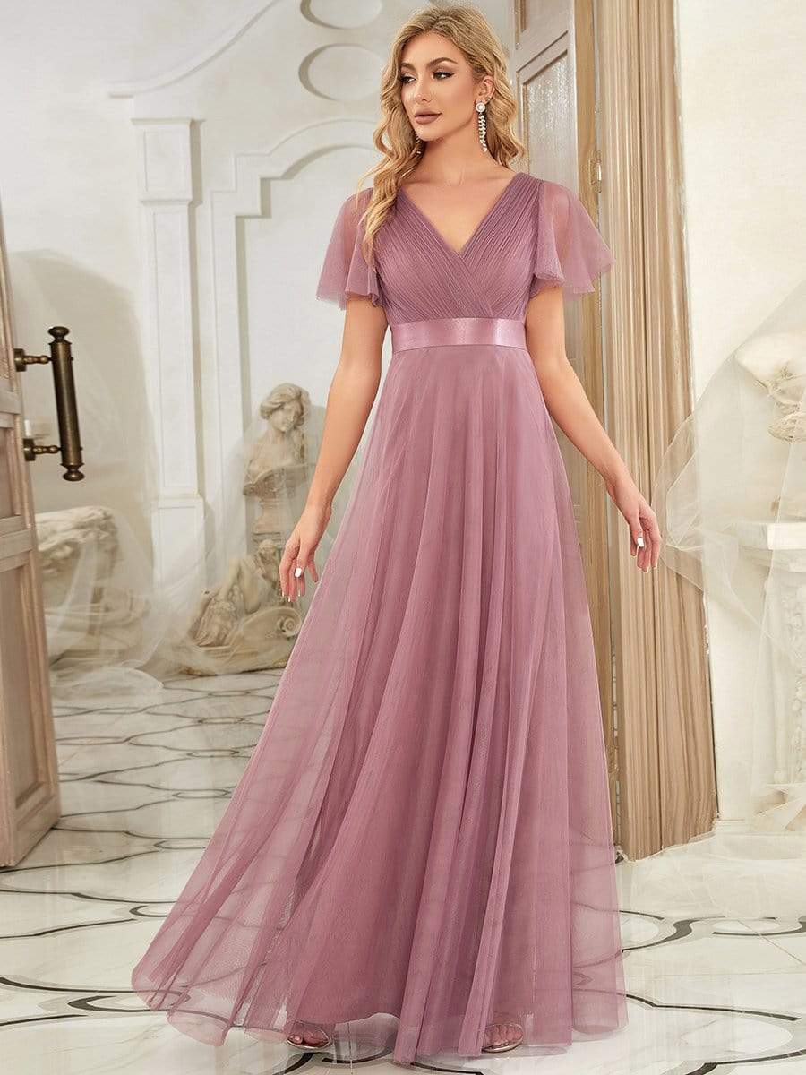 MsDresslyEP Formal Dress V-Neck Floor-Length Short Sleeve Tulle Bridesmaid Dresses DRE230912B3125POH4