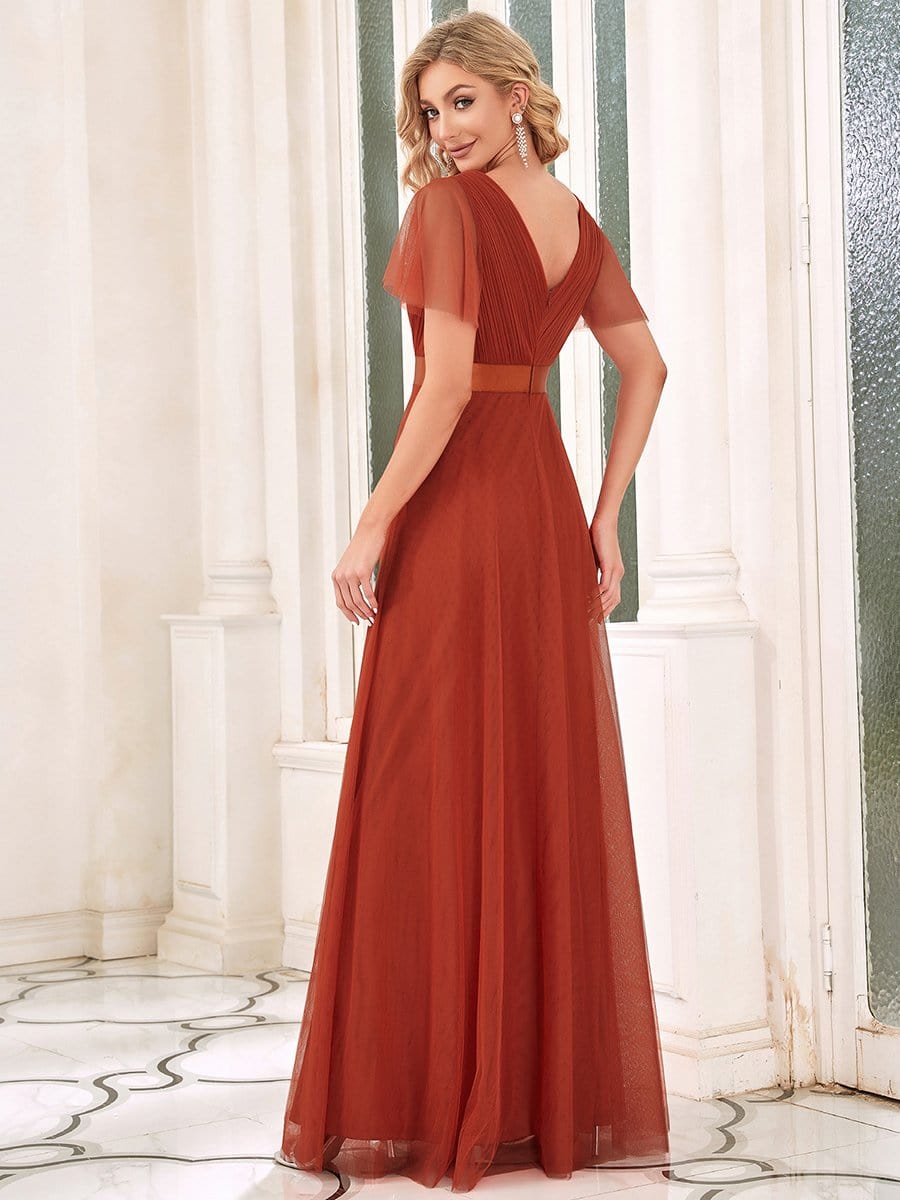 MsDresslyEP Formal Dress V-Neck Floor-Length Short Sleeve Tulle Bridesmaid Dresses