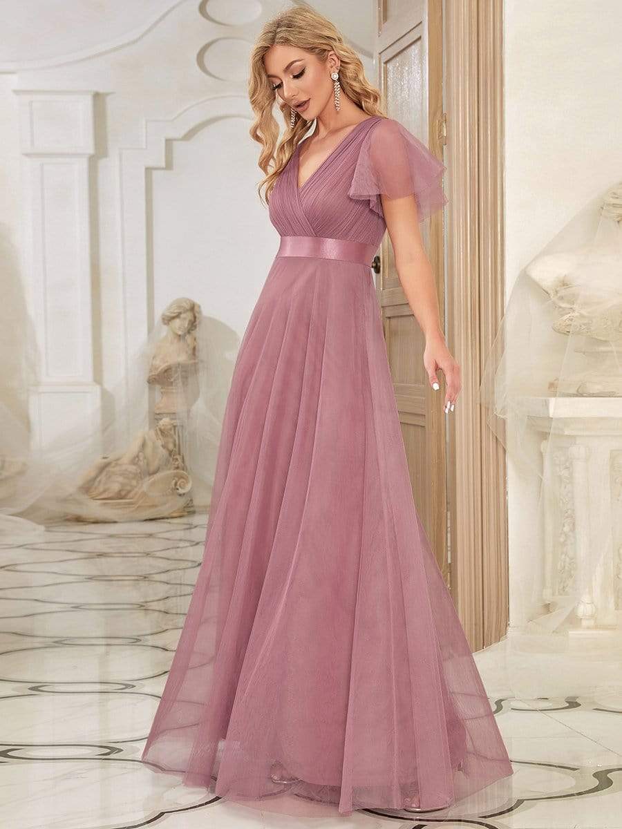 MsDresslyEP Formal Dress V-Neck Floor-Length Short Sleeve Tulle Bridesmaid Dresses