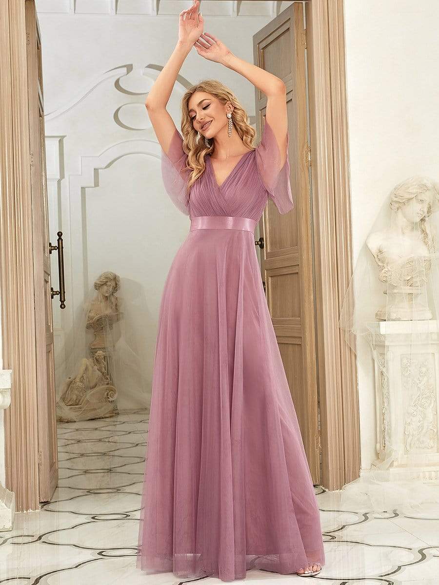 MsDresslyEP Formal Dress V-Neck Floor-Length Short Sleeve Tulle Bridesmaid Dresses