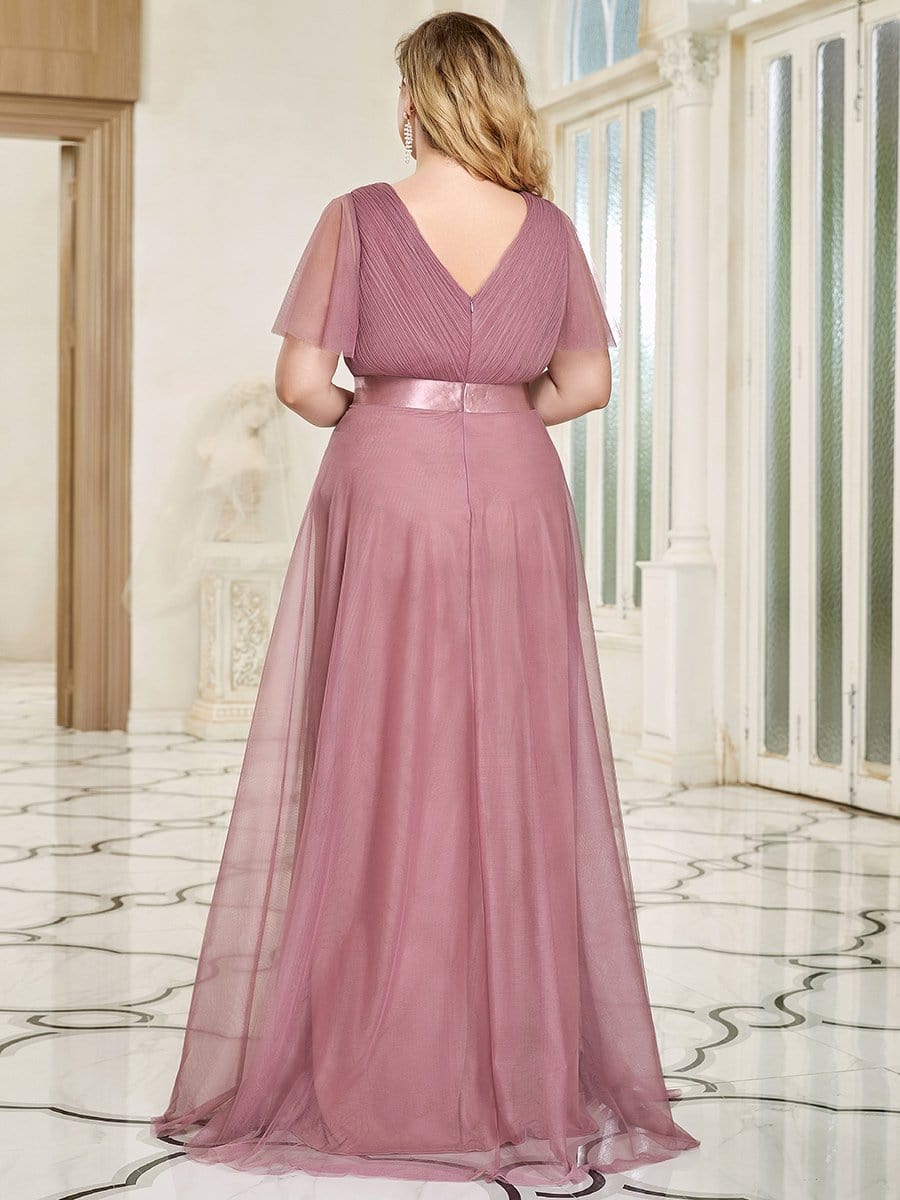 MsDresslyEP Formal Dress V-Neck Floor-Length Short Sleeve Tulle Bridesmaid Dresses