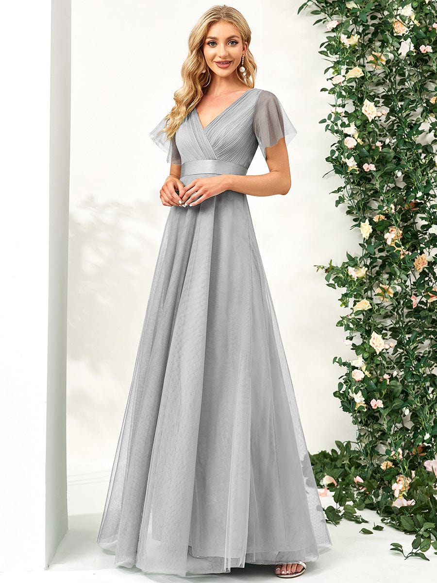 MsDresslyEP Formal Dress V-Neck Floor-Length Short Sleeve Tulle Bridesmaid Dresses