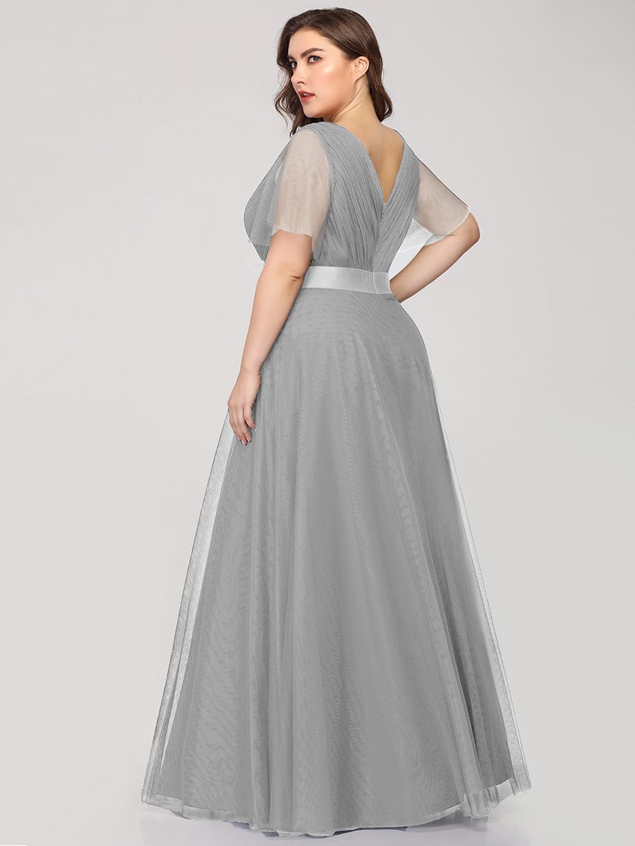 MsDresslyEP Formal Dress V-Neck Floor-Length Short Sleeve Tulle Bridesmaid Dresses