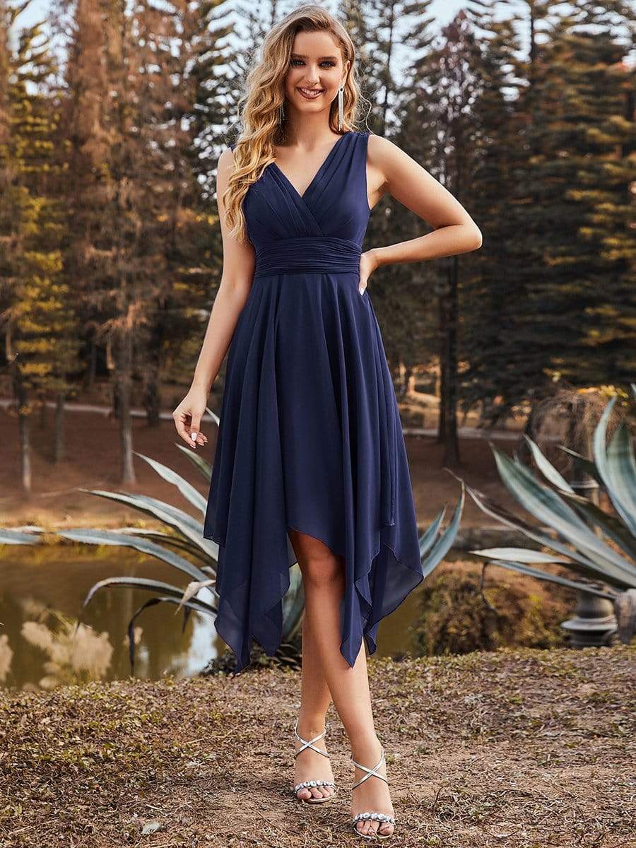 MsDresslyEP Formal Dress V Neck Ruched Asymmetrical Hems Midi Chiffon Bridesmaid Dress DRE230977177NBY4