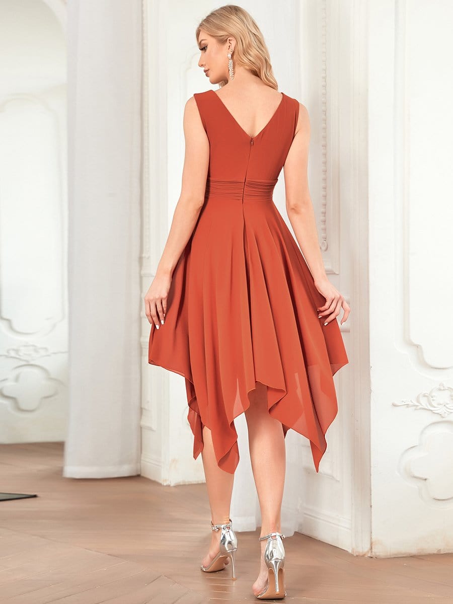 MsDresslyEP Formal Dress V Neck Ruched Asymmetrical Hems Midi Chiffon Bridesmaid Dress