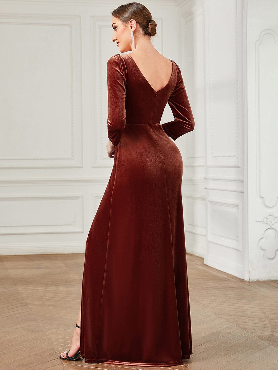 MsDresslyEP Formal Dress Velvet 3/4 Length Sleeve Illusion V-Neck Front Slit Evening Dress