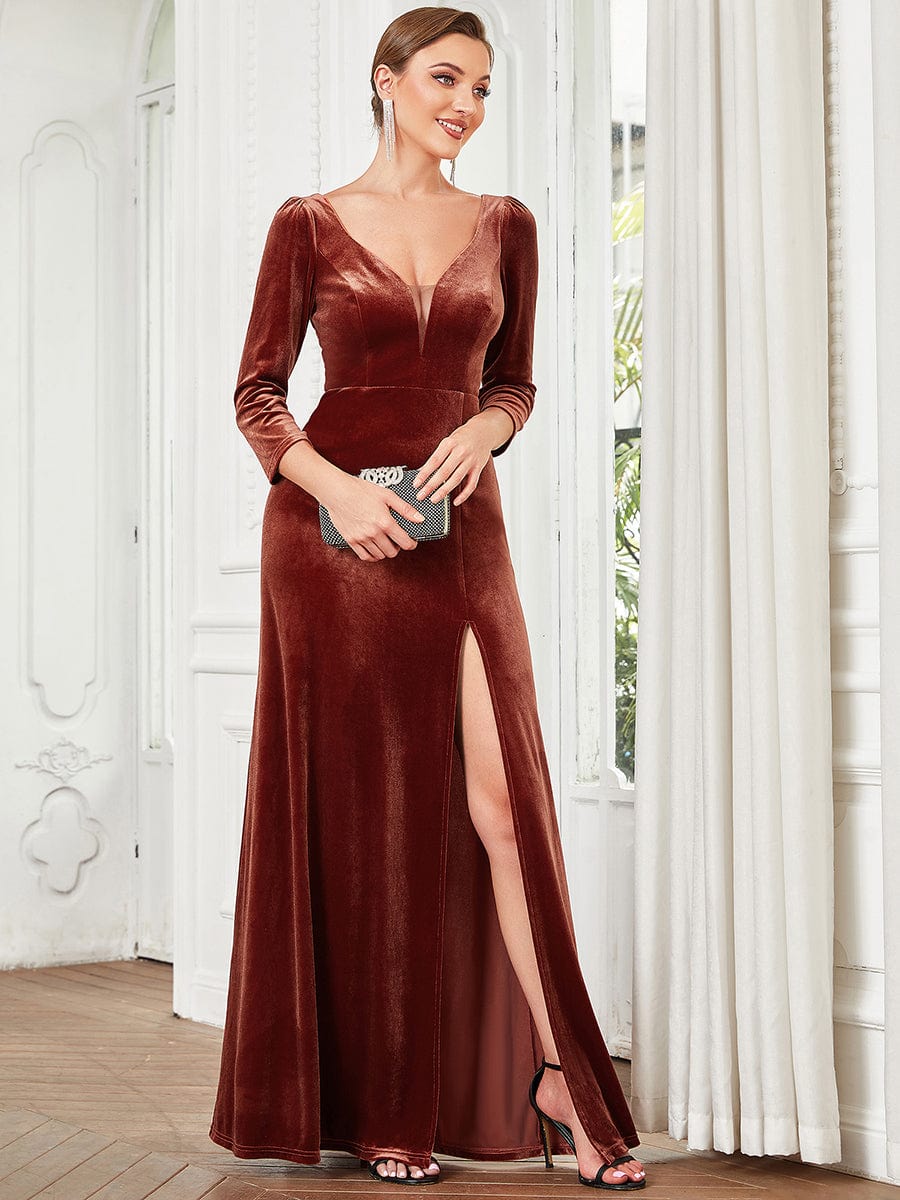 MsDresslyEP Formal Dress Velvet 3/4 Length Sleeve Illusion V-Neck Front Slit Evening Dress