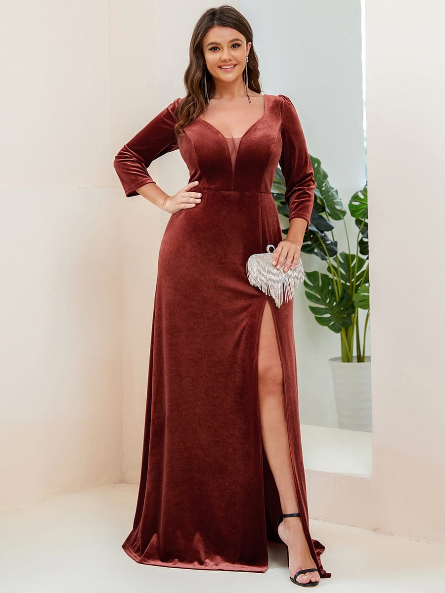 MsDresslyEP Formal Dress Velvet 3/4 Length Sleeve Illusion V-Neck Front Slit Evening Dress