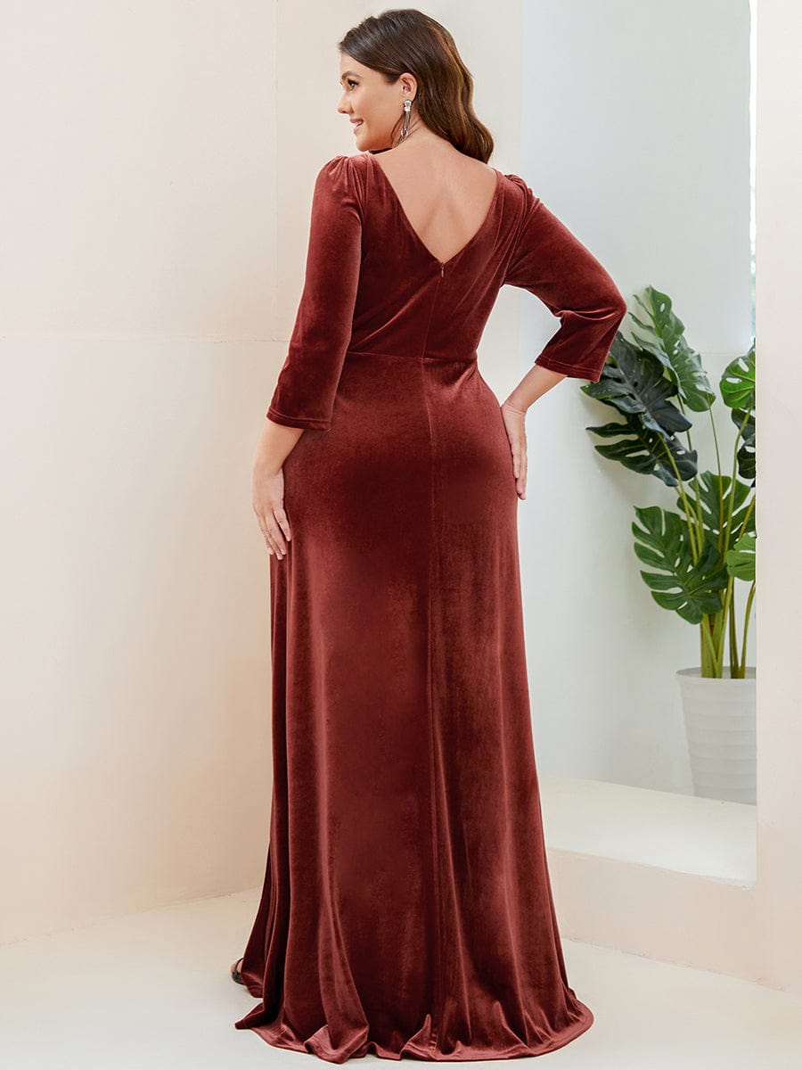 MsDresslyEP Formal Dress Velvet 3/4 Length Sleeve Illusion V-Neck Front Slit Evening Dress