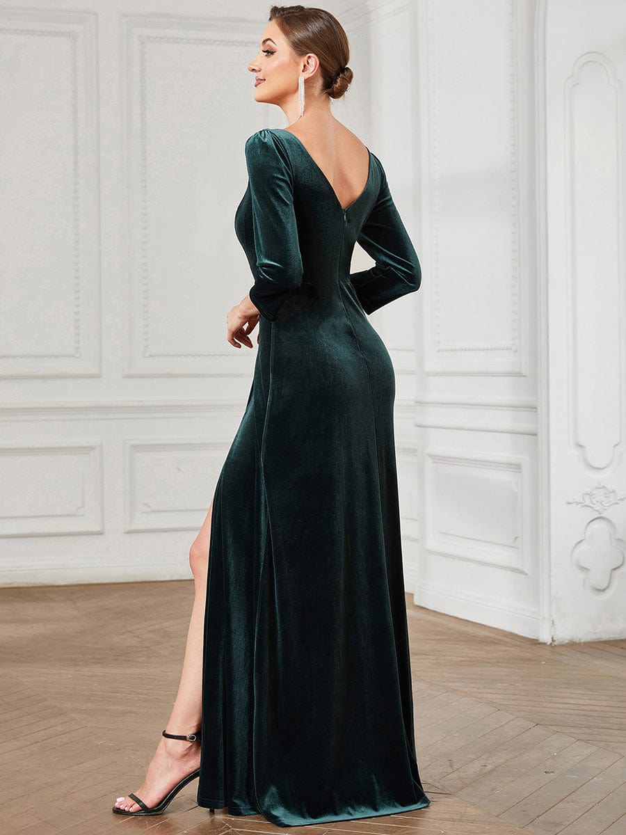 MsDresslyEP Formal Dress Velvet 3/4 Length Sleeve Illusion V-Neck Front Slit Evening Dress