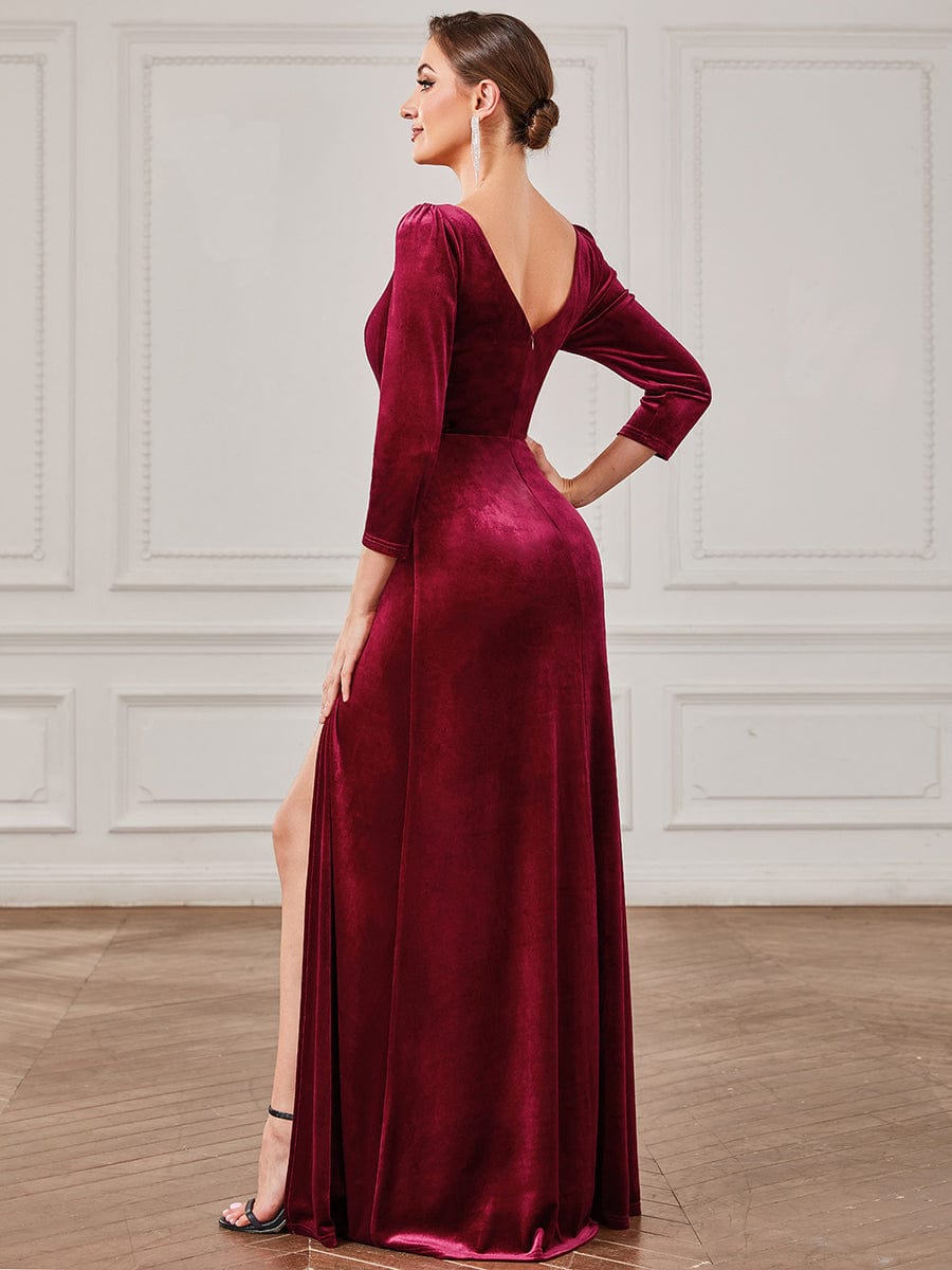 MsDresslyEP Formal Dress Velvet 3/4 Length Sleeve Illusion V-Neck Front Slit Evening Dress