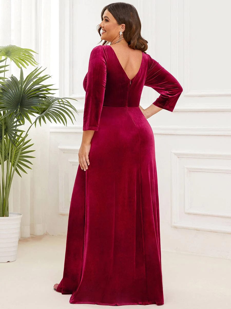 MsDresslyEP Formal Dress Velvet 3/4 Length Sleeve Illusion V-Neck Front Slit Evening Dress