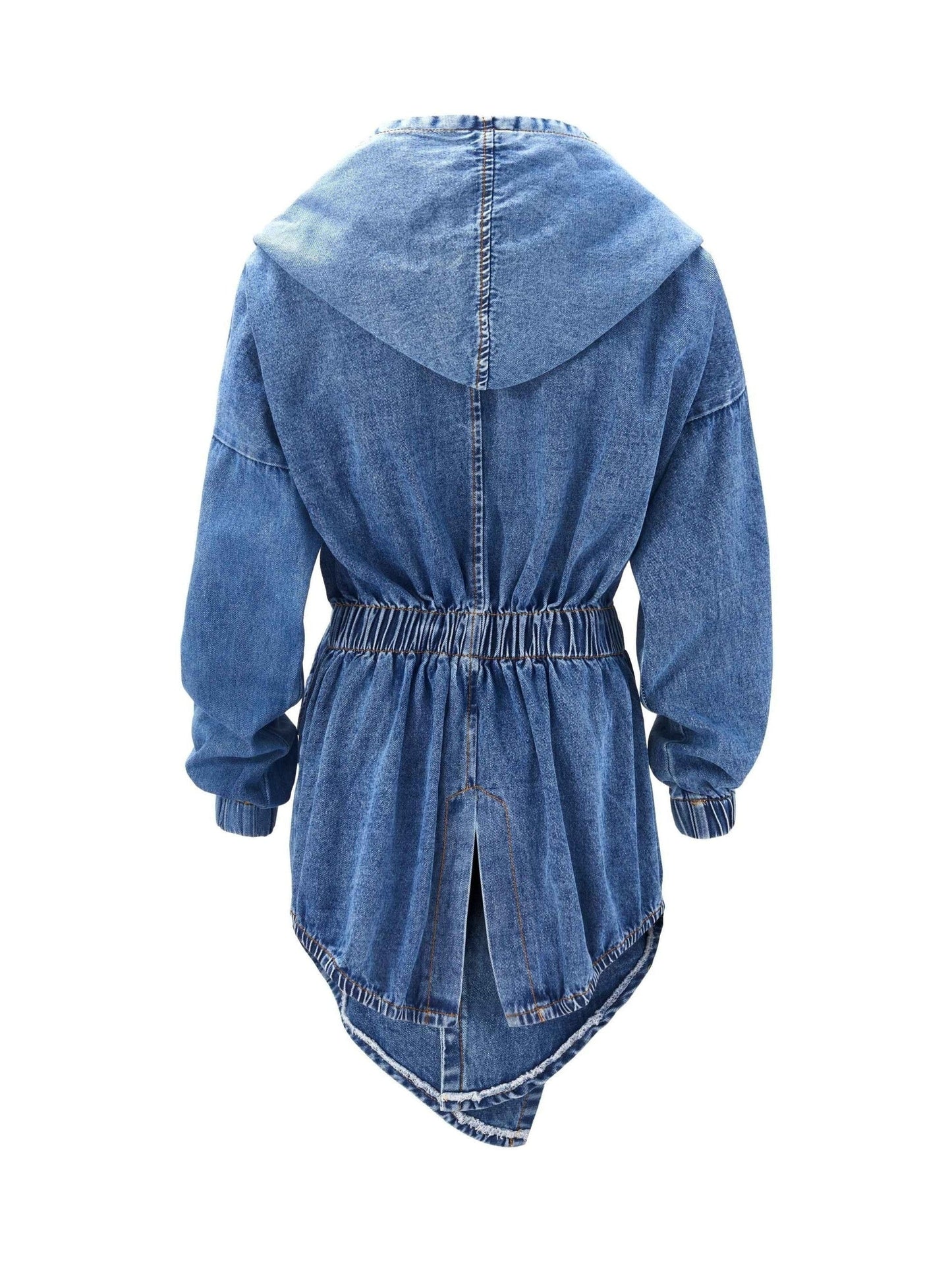 MsDressly Jackets Casual Elastic Belt Cuffed Sleeve Denim Hooded Jackets JAC231012067BLUONESIZE