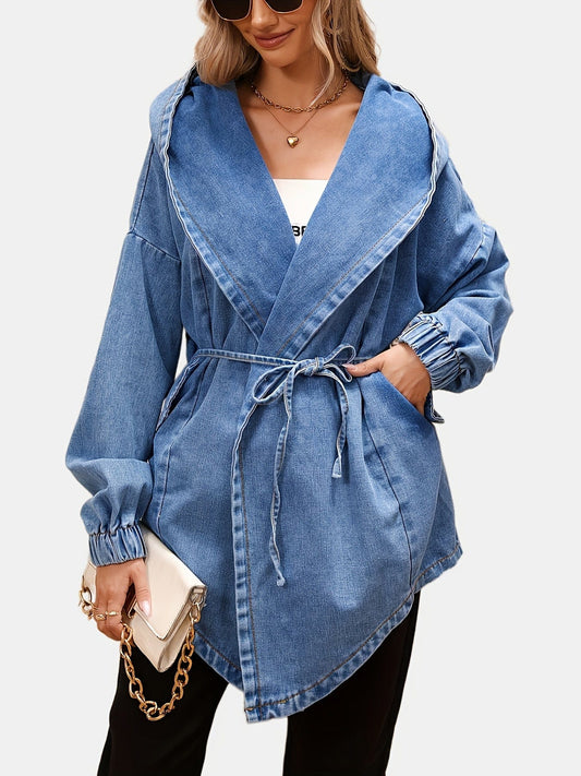 MsDressly Jackets Casual Elastic Belt Cuffed Sleeve Denim Hooded Jackets JAC231012067BLUONESIZE