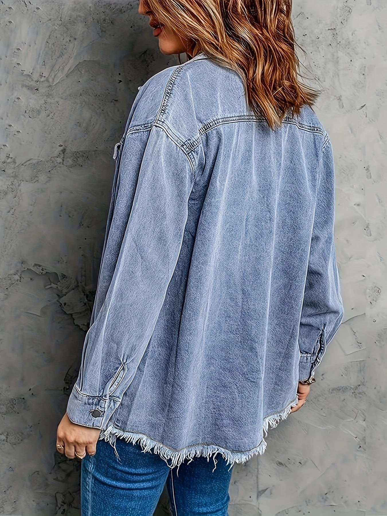 MsDressly Jackets Casual Raw Hem Long Sleeve Flap Pockets Denim Jacket