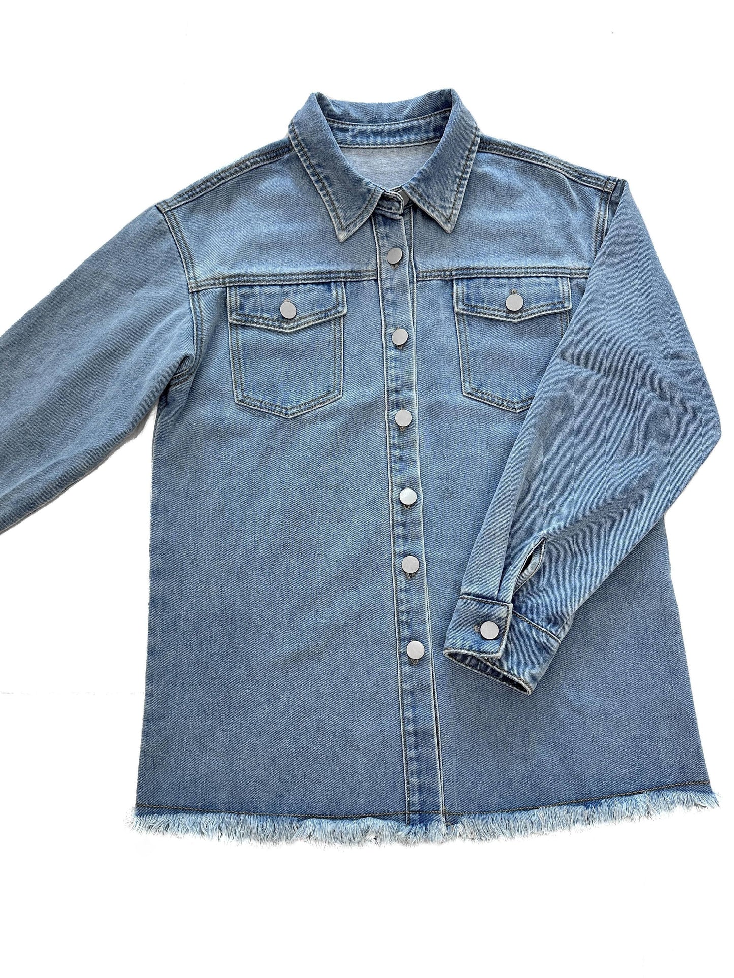 MsDressly Jackets Casual Raw Hem Long Sleeve Flap Pockets Denim Jacket