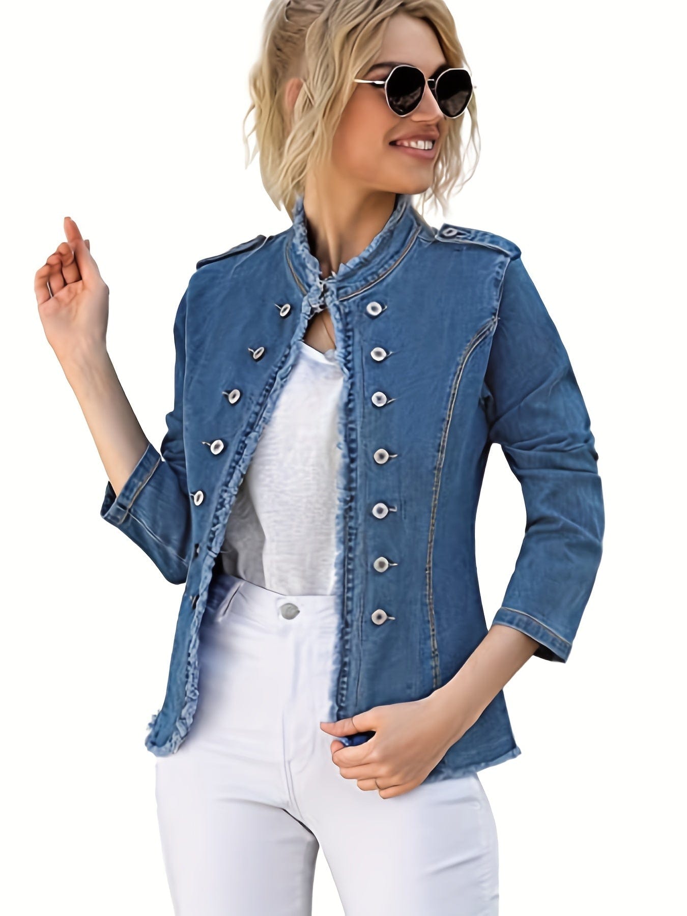 MsDressly Jackets Casual Raw Trim Long Sleeve Single Breasted Button Denim Jacket