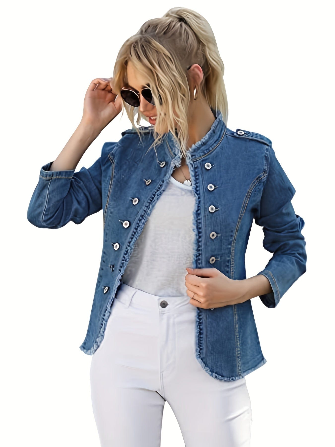 MsDressly Jackets Casual Raw Trim Long Sleeve Single Breasted Button Denim Jacket