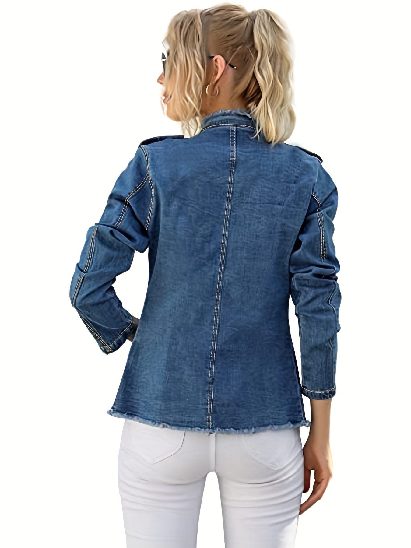 MsDressly Jackets Casual Raw Trim Long Sleeve Single Breasted Button Denim Jacket