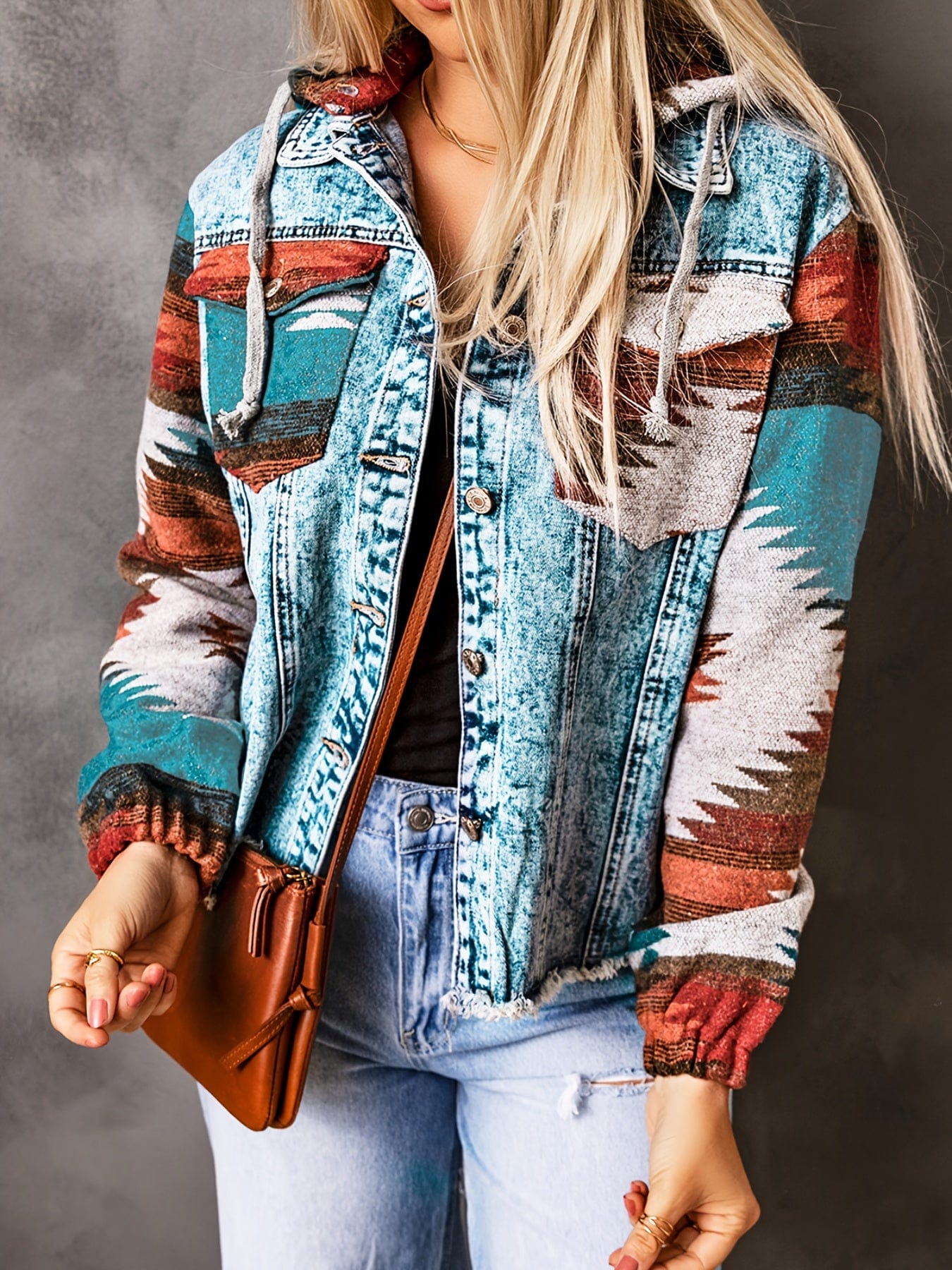 MsDressly Jackets Colorblock Patchwork Drawstring Long Sleeve Hooded Denim Jacket