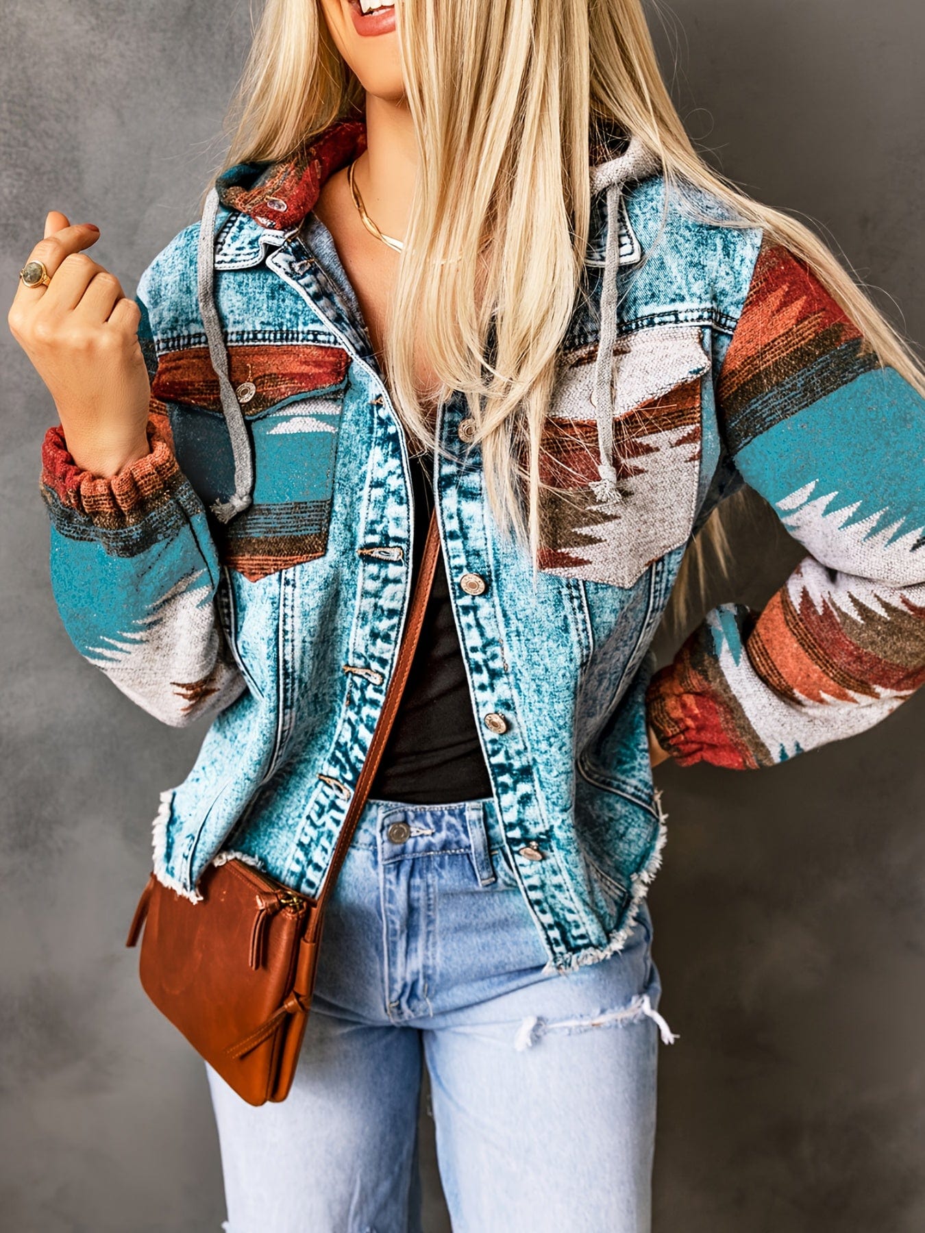 MsDressly Jackets Colorblock Patchwork Drawstring Long Sleeve Hooded Denim Jacket