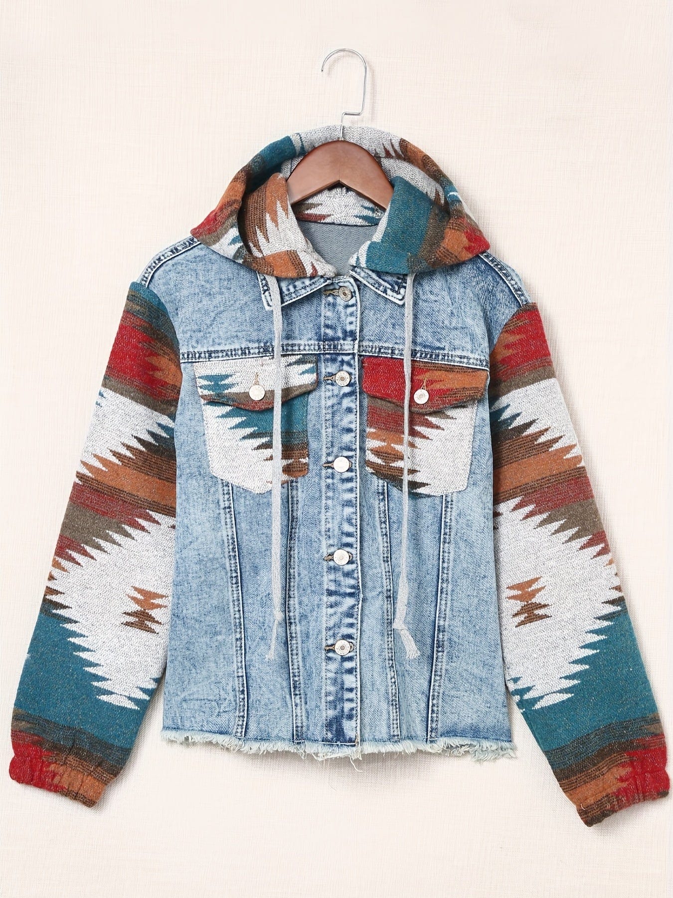 MsDressly Jackets Geometric Print Raw Hem Long Sleeve Lapel Hooded Denim Jacket