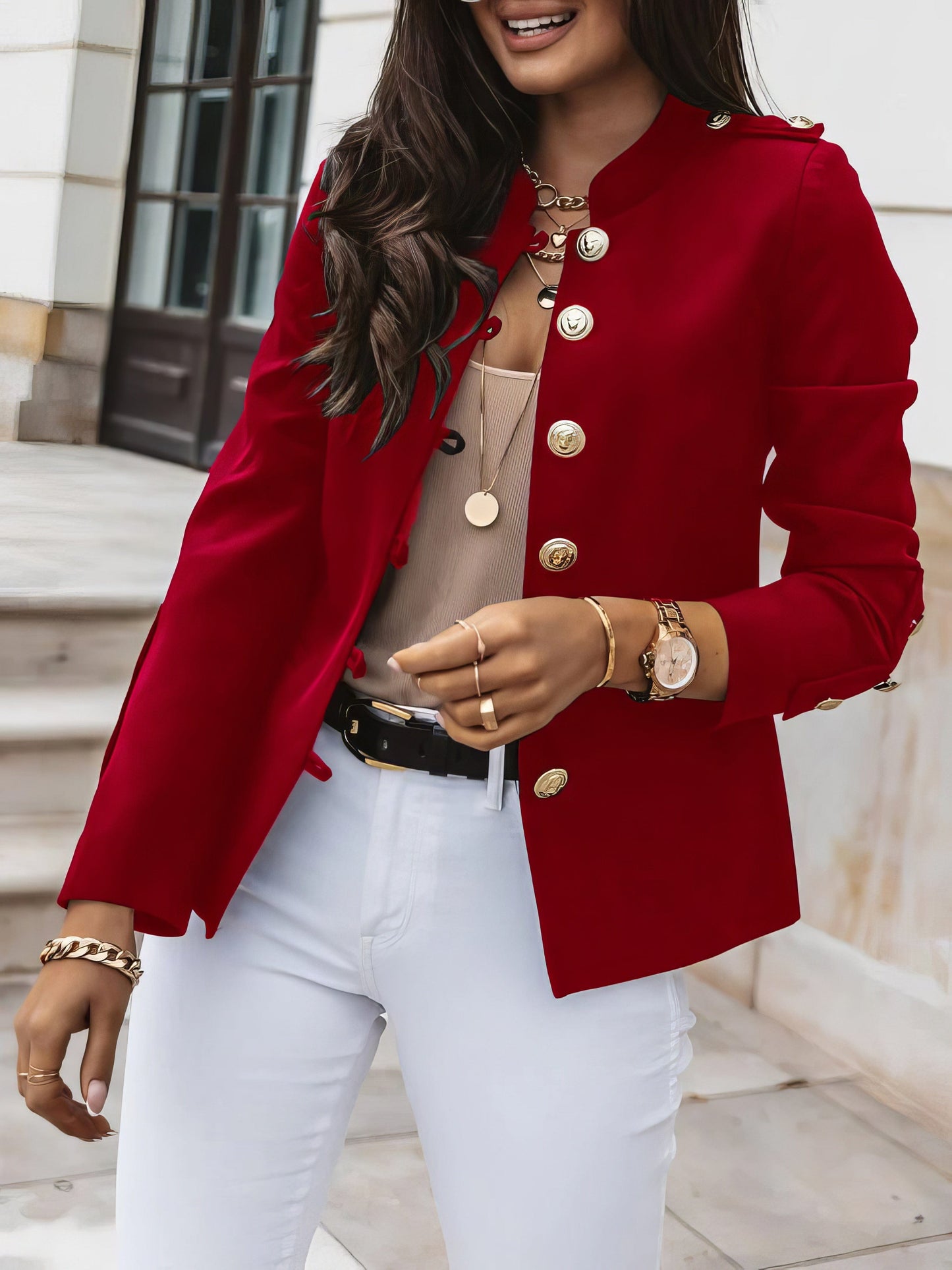 MsDressly Jackets Long Sleeve Slim-Breasted Crop Jacket JAC2110111156REDS