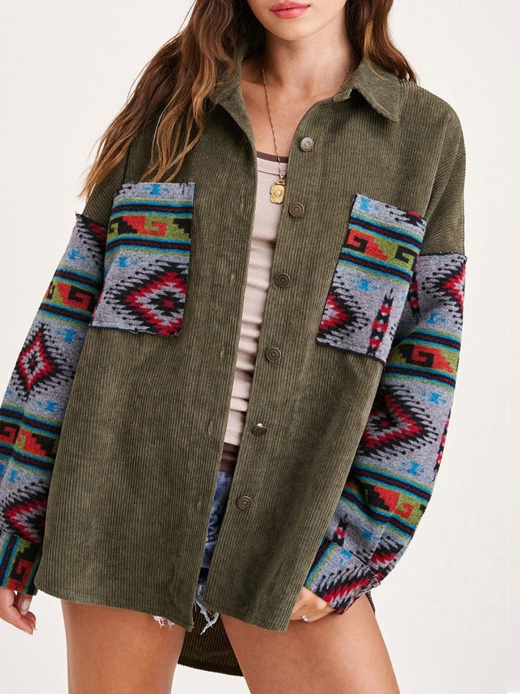 MsDressly Jackets Panel Long Sleeve Printed Corduroy Jacket JAC2212211252GRES