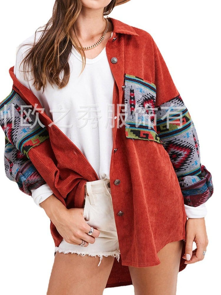 MsDressly Jackets Panel Long Sleeve Printed Corduroy Jacket JAC2212211252ORAS