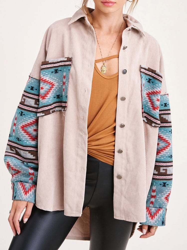 MsDressly Jackets Panel Long Sleeve Printed Corduroy Jacket JAC2212211252PINS