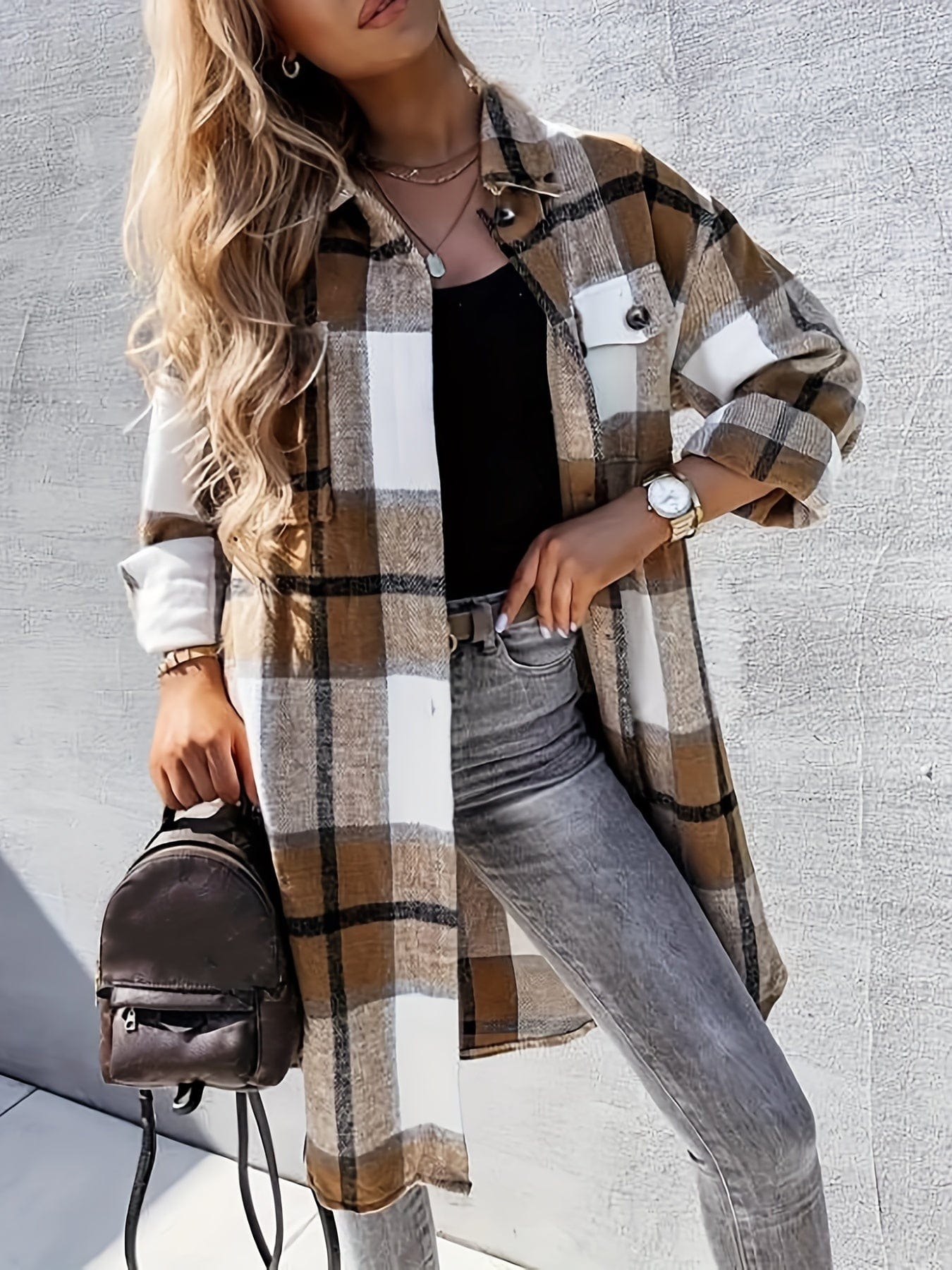 MsDressly Jackets Plaid Button-Front Long Length Lapel Casual Jacket JAC231012058KHAS(4)