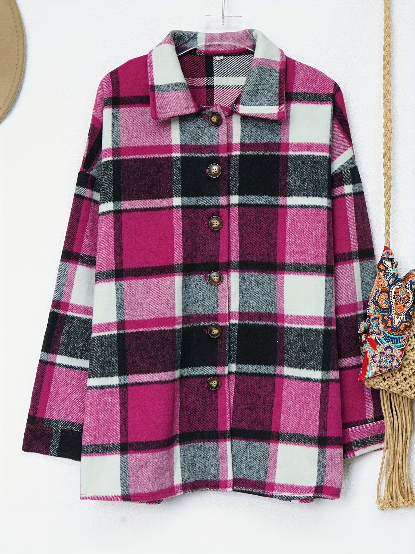 MsDressly Jackets Plaid Drop Shoulder Long Sleeve Loose Lapel Casual Jacket