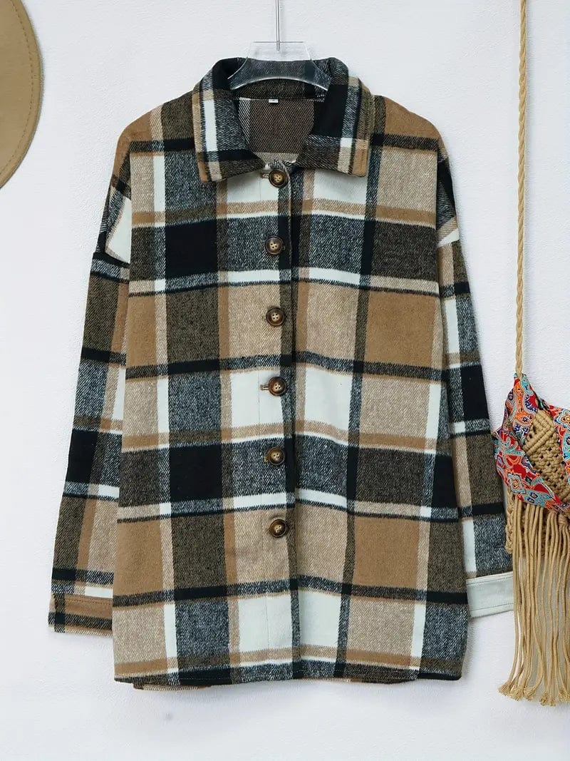 MsDressly Jackets Plaid Drop Shoulder Long Sleeve Loose Lapel Casual Jacket