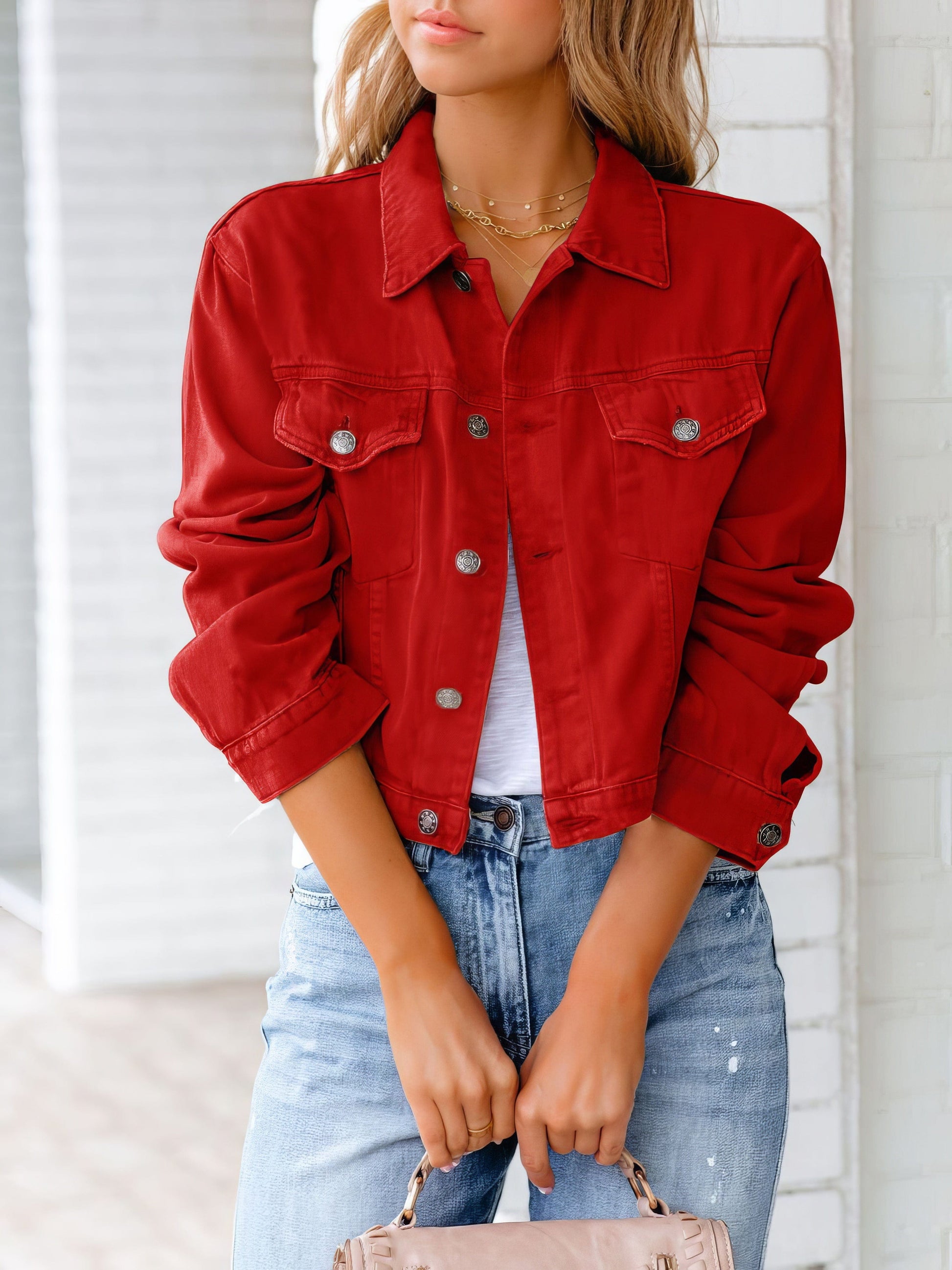 MsDressly Jackets Pocket Long Sleeve Denim Jacket JAC2108131121REDS