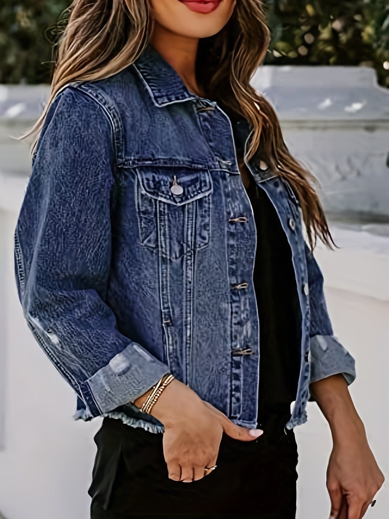 MsDressly Jackets Retro Ripped Raw Hem Lapel Single-Breasted Long Sleeve Denim Jacket