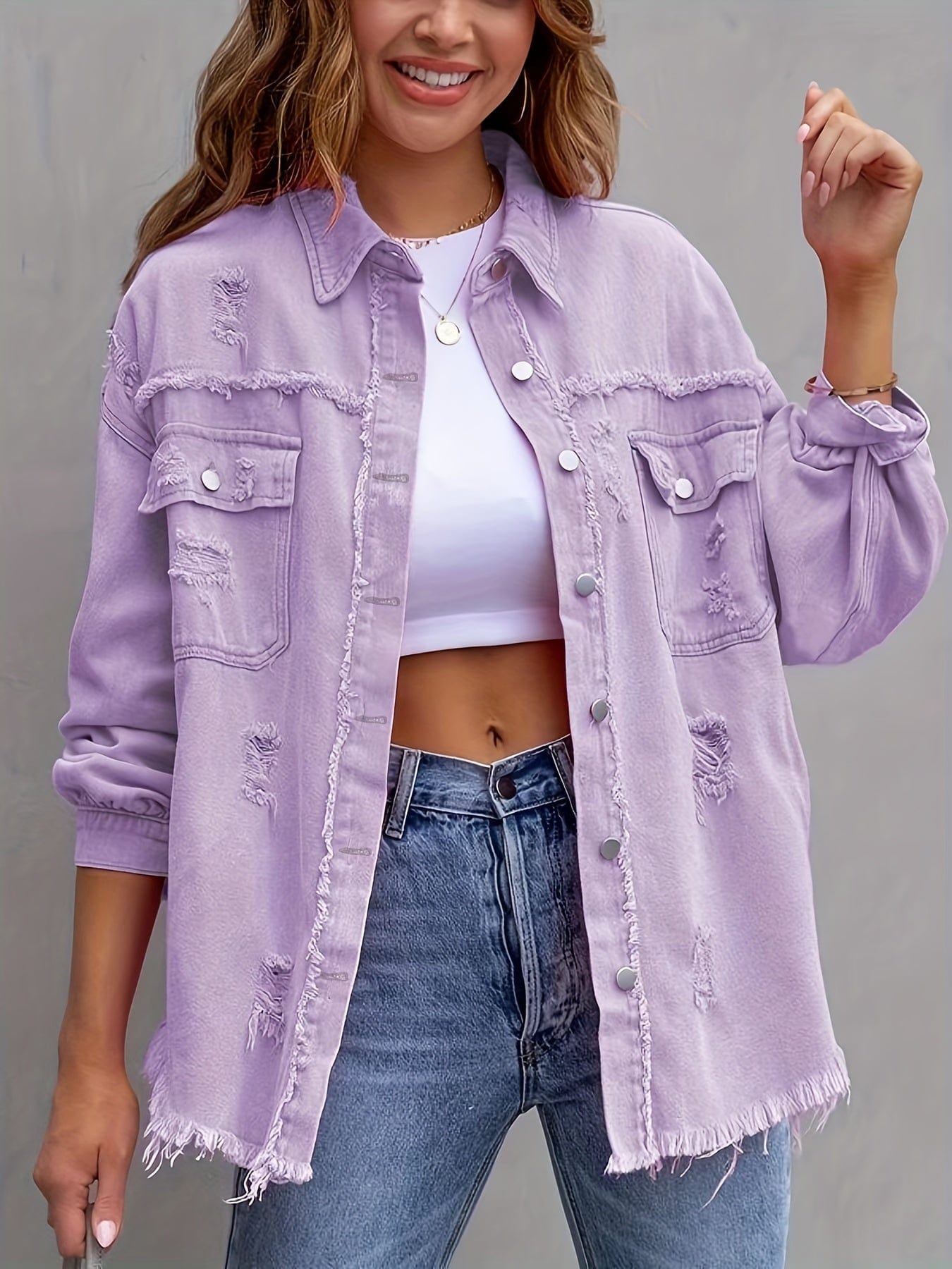 MsDressly Jackets Ripped Raw Edge Distressed Collar Single-Breasted Button-Up Long Sleeve Denim Jacket