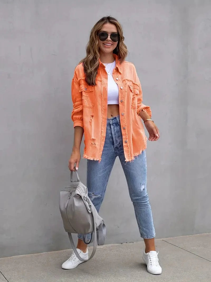 MsDressly Jackets Ripped Raw Edge Distressed Collar Single-Breasted Button-Up Long Sleeve Denim Jacket