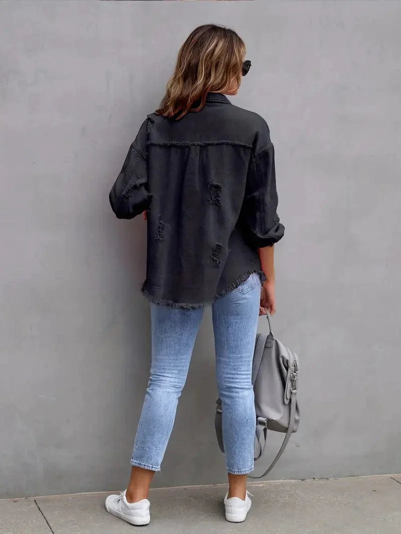 MsDressly Jackets Ripped Raw Edge Distressed Collar Single-Breasted Button-Up Long Sleeve Denim Jacket