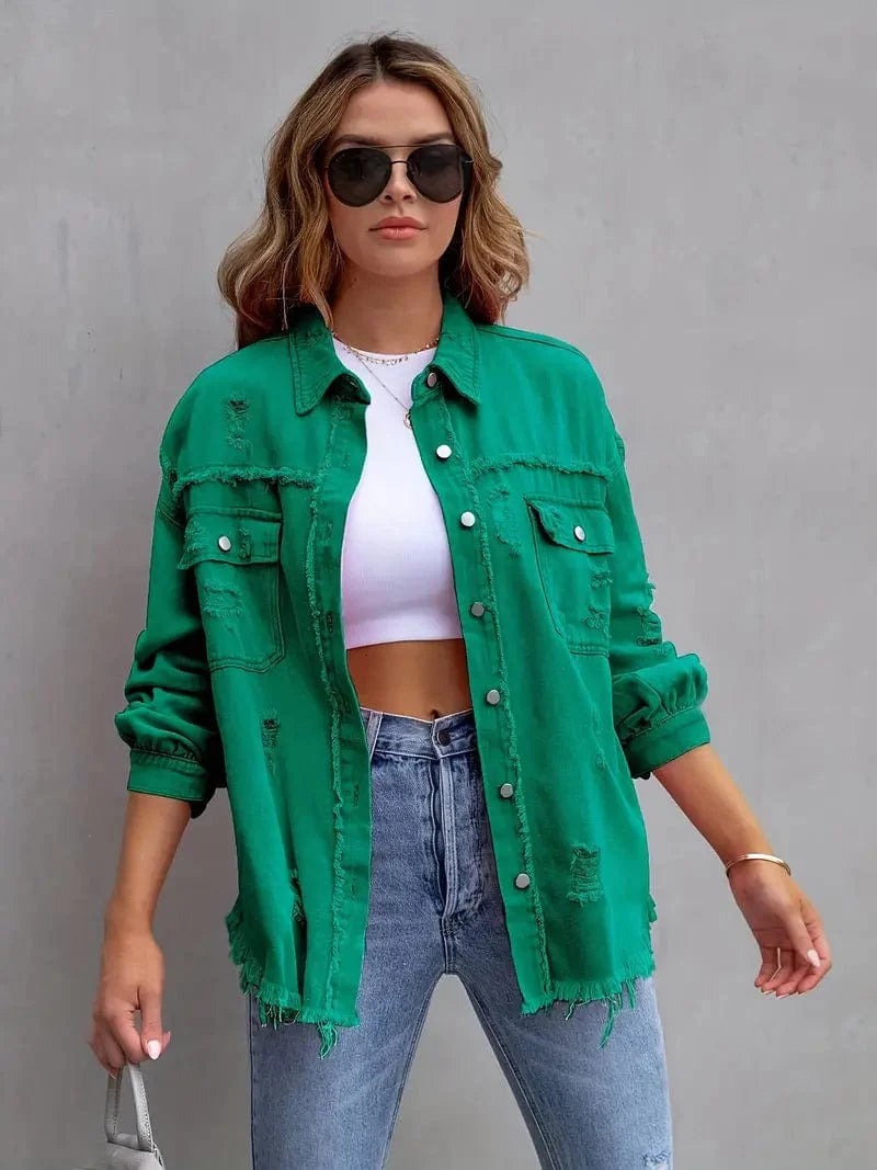 MsDressly Jackets Ripped Raw Edge Distressed Collar Single-Breasted Button-Up Long Sleeve Denim Jacket