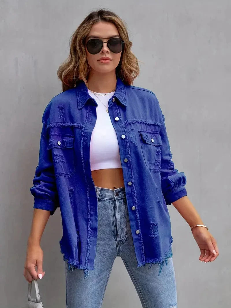 MsDressly Jackets Ripped Raw Edge Distressed Collar Single-Breasted Button-Up Long Sleeve Denim Jacket